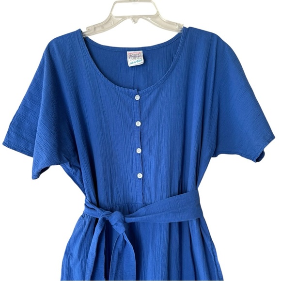 Vtg 90s Button Front Belted Jumpsuit Sz 16 18 Royal Blue Capri Crop Short Sleeve - Picture 8 of 9